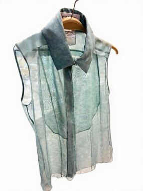 CHANEL Sheer Pale Green Silk Blouse with Label